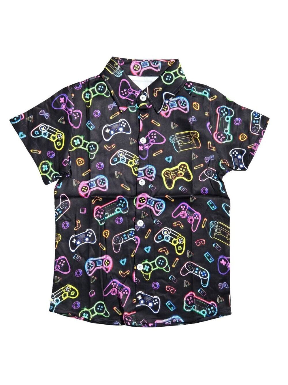 NWOT | Boy's Neon Gaming Controller Print Button-Up Shirt | Black | 4-5T